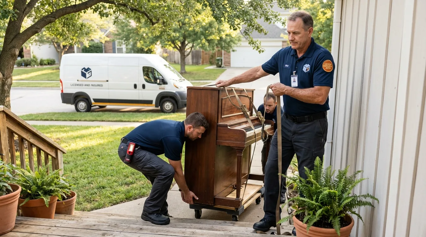 Licensed piano movers securing grand piano in Fayette, MS