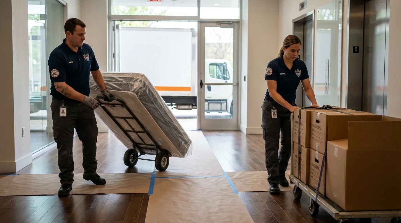 Professional apartment movers loading elevator in Fayette, MS
